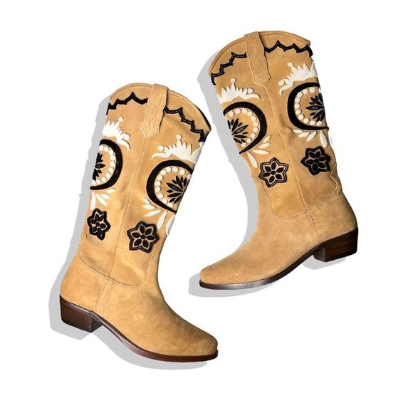 Free People Roundhouse Stitch Suede Embroidered Western Knee High Boots - Picture 1 of 16